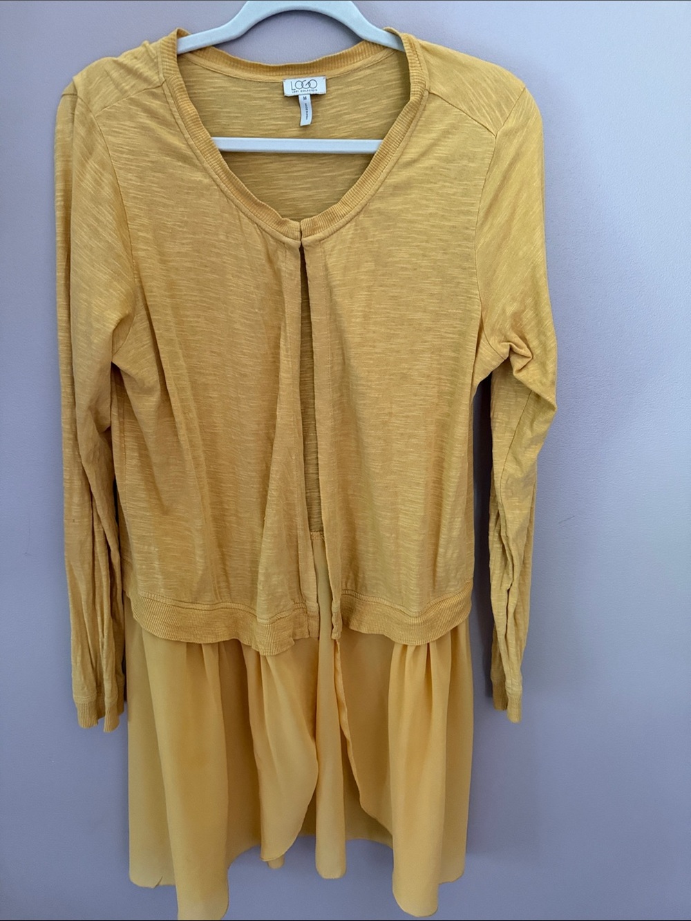 LOGO by Lori Goldstein Mustard Yellow Layered Knit Cardigan Sweater